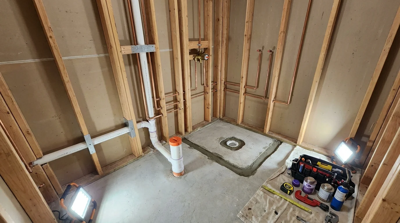 Bathroom rough-in plumbing during remodel by Johns Plumbing LLC in La Quinta