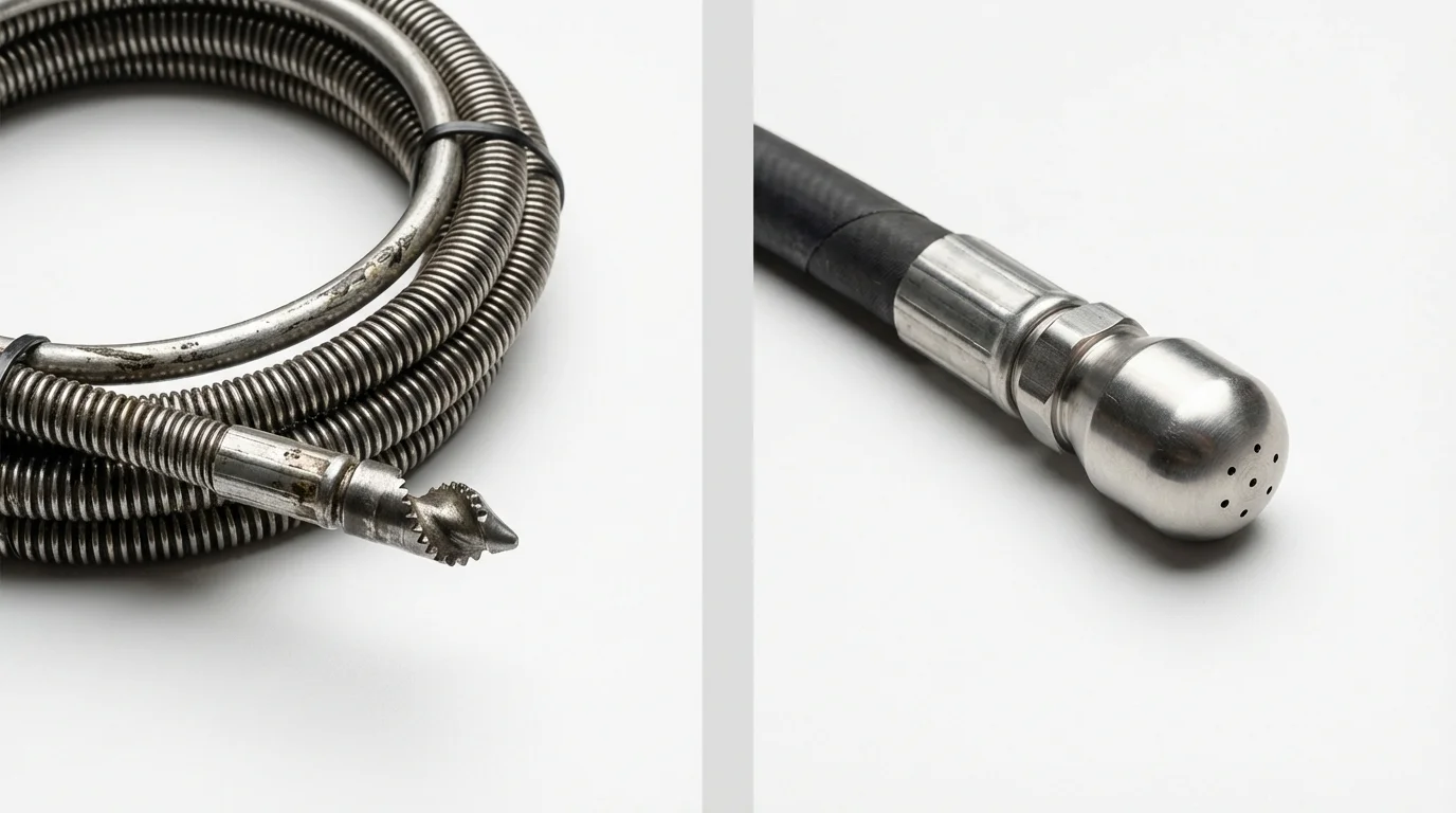 Drain snake cable and hydro jetting nozzle used for drain cleaning in La Quinta, CA
