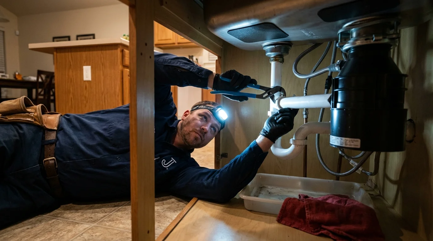 P-trap and supply line connections under a kitchen sink showing a common leak point in La Quinta, CA